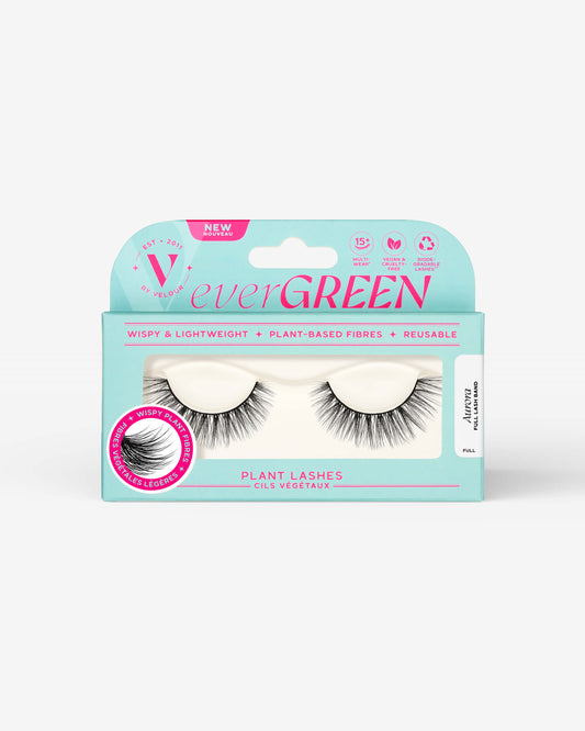 A package of "Aurora," plant-based false eyelashes from V by Velour's everGREEN collection. Wispy & lightweight + reusable