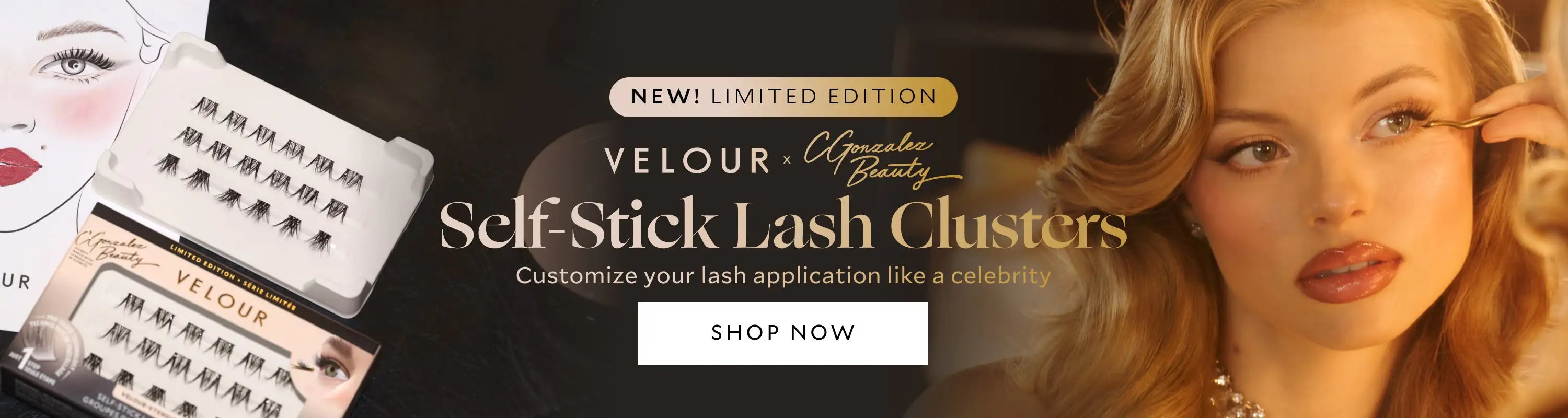 Velour Self-Stick Lash Clusters with product packaging and model applying lashes, promoting limited edition Velour x CGonzalez collection. text states " New! Limited Edition Velour x CGonzalez Beauty Self-Stick Lash Clusters Customize your lash application like a celebrity. Featuring a SHOP NOW button. 