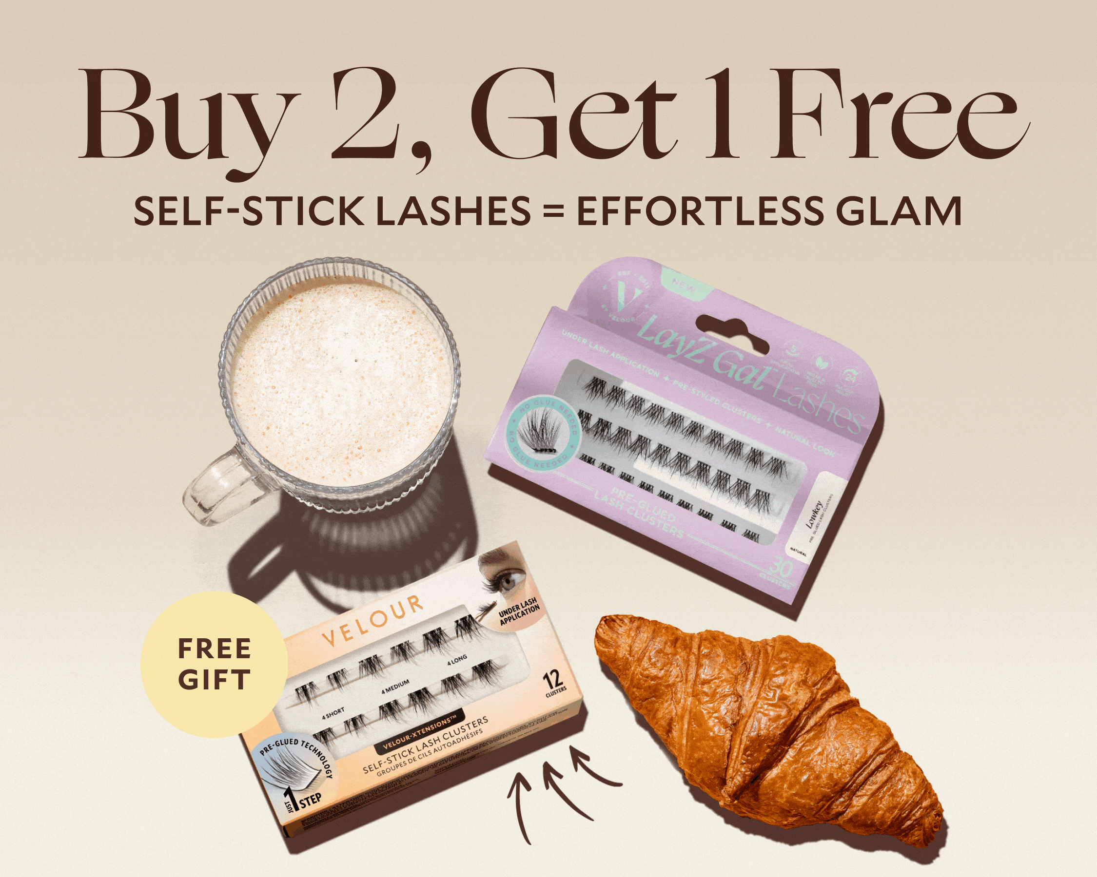 Stick With Style — Buy 2 Self-Stick Lashes, Get 1 Free. Grab Yours. Velour Free Gift Self-Stick Lash Clusters and Lazy Gal Lashes displayed with coffee and croissant.