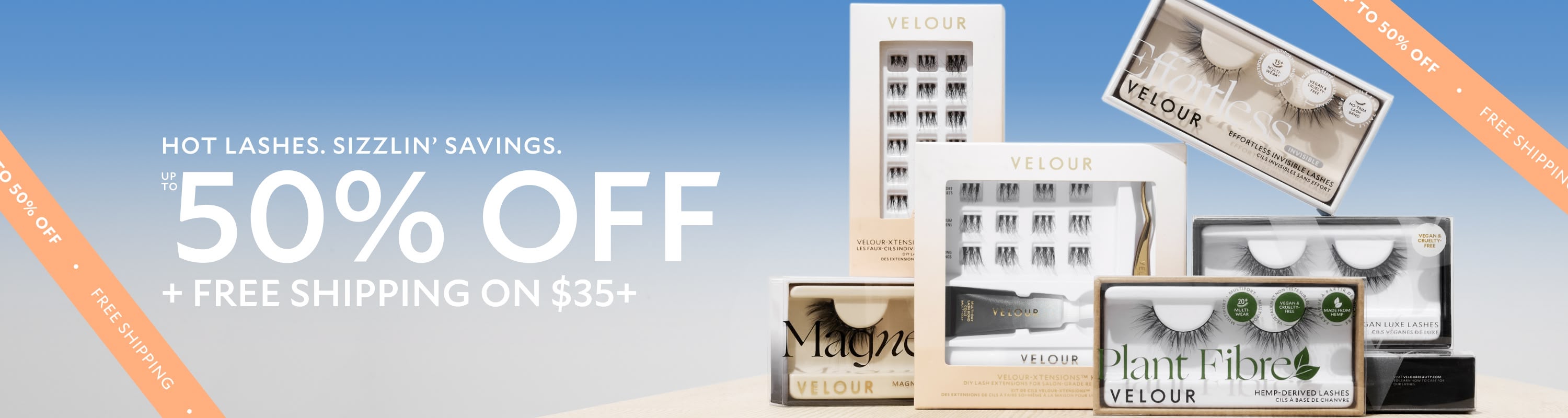 Promotional banner with cosmetic products and text offering 50% off and free shipping.
