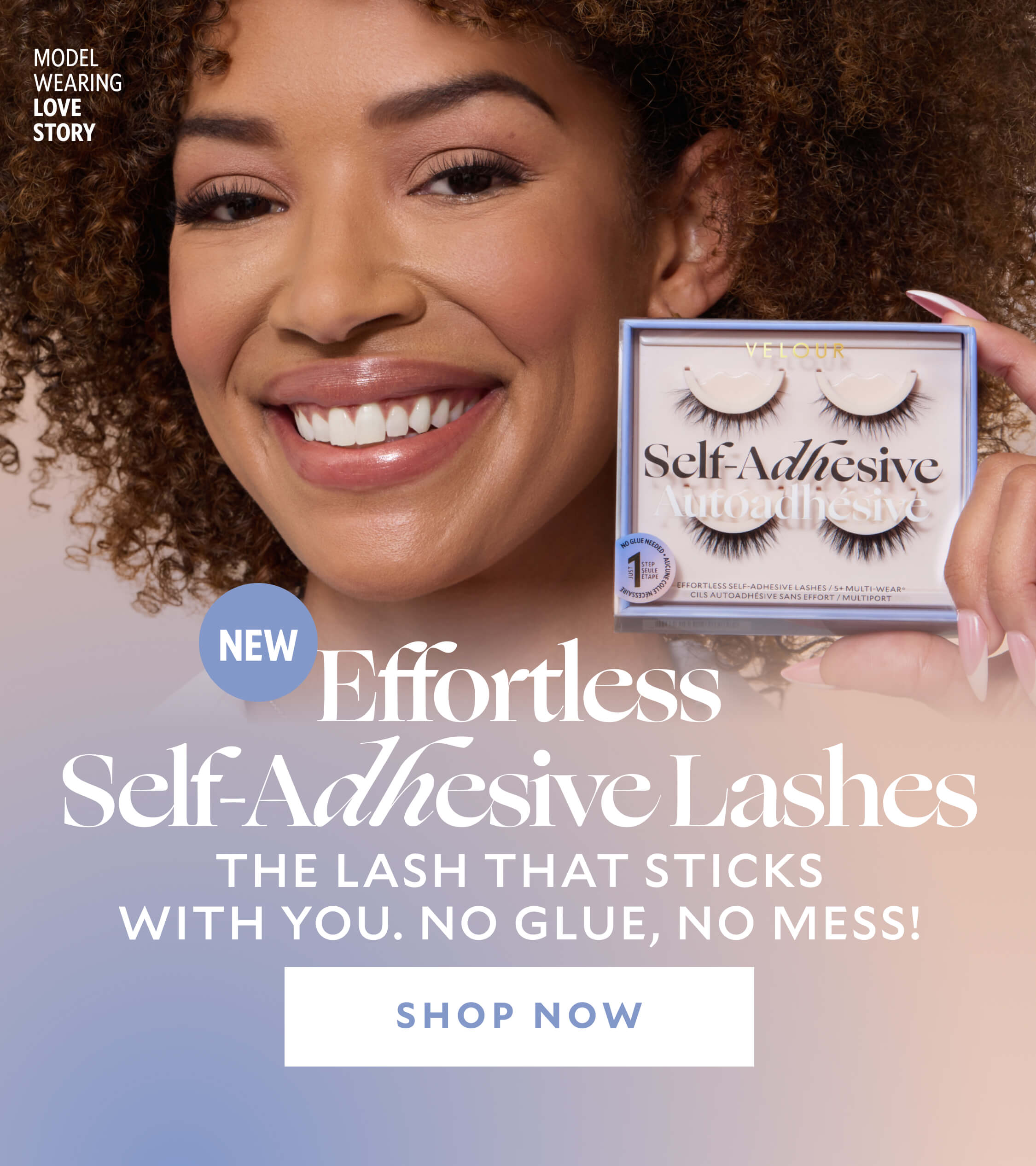 "Smiling model with curly hair wearing Velour 'Love Story' self-adhesive lashes holds up product packaging. Text on image reads: 'NEW Effortless Self-Adhesive Lashes – The lash that sticks with you. No glue, no mess!' and a 'Shop Now' button appears at the bottom