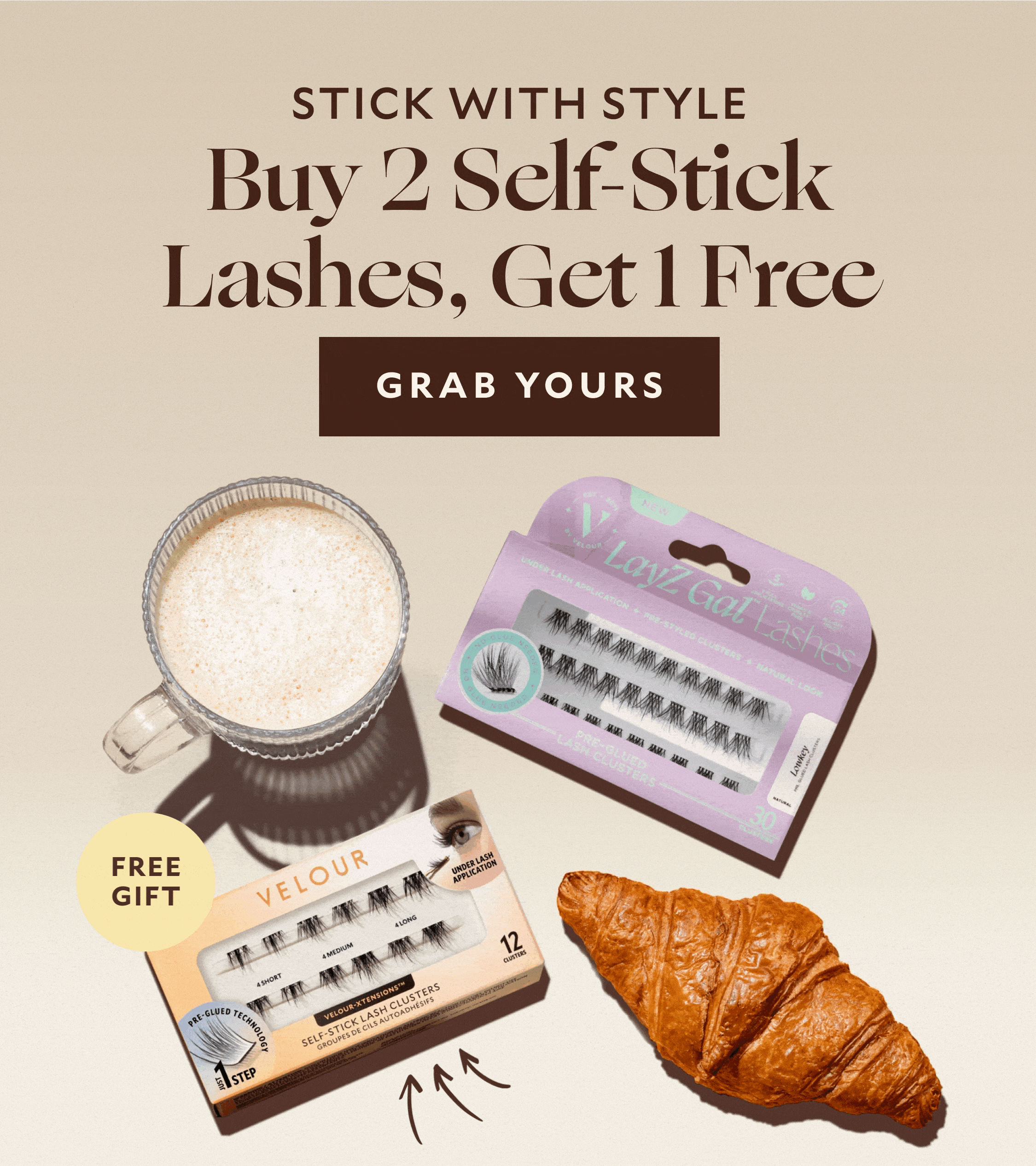 Stick With Style — Buy 2 Self-Stick Lashes, Get 1 Free. CTA button: Grab Yours. Velour Free Gift Self-Stick Lash Clusters and Lazy Gal Lashes displayed with coffee and croissant.