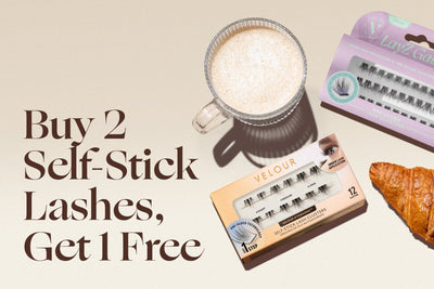Stick With Style — Buy 2 Self-Stick Lashes, Get 1 Free. CTA button: Grab Yours. Velour Free Gift Self-Stick Lash Clusters and Lazy Gal Lashes displayed with coffee and croissant.